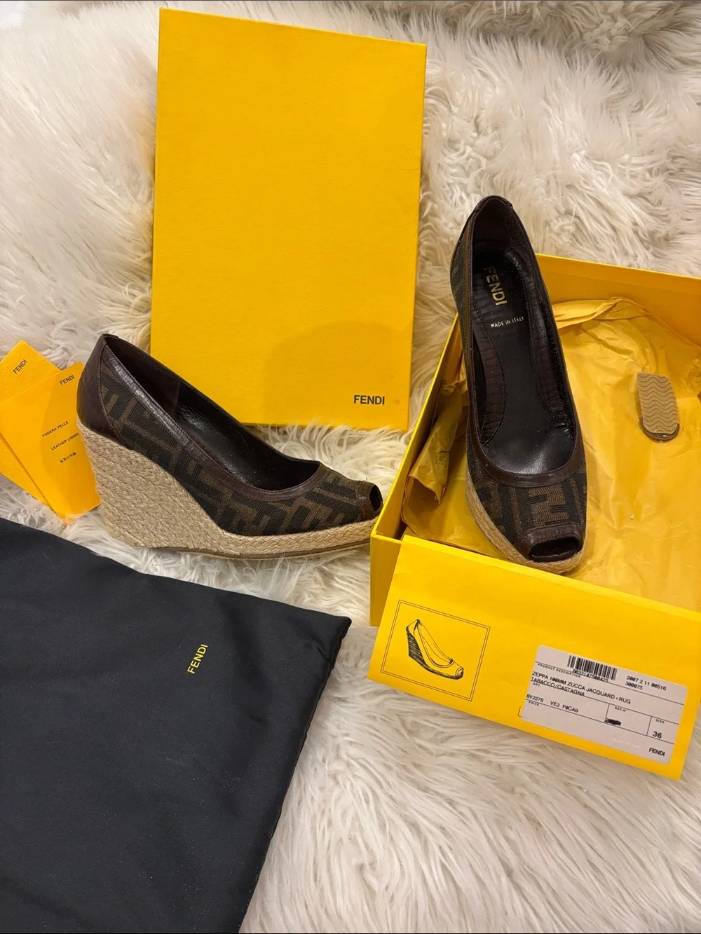 Fendi Dark Brown FF Monogram Espadrille Wedge Peep-Toe